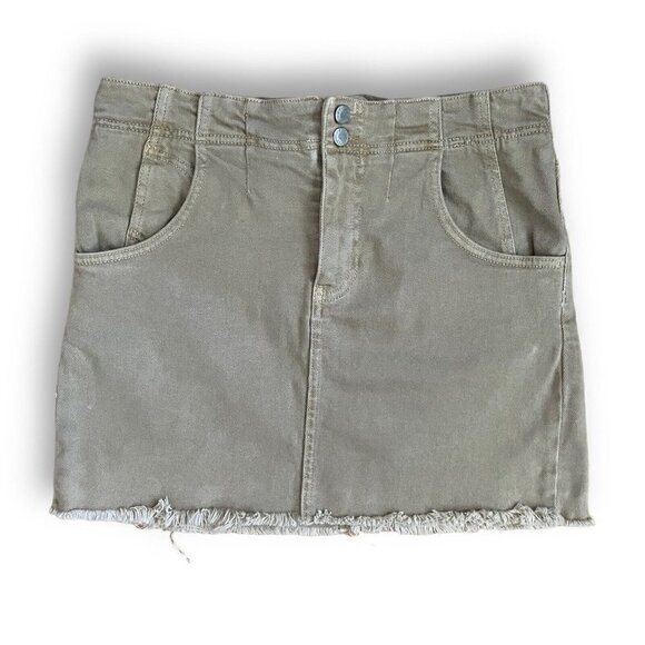 Free People Womens Corsette Denim Mini Skirt Sz 10 Tan Buckle Back Cut Off Boho - Picture 2 of 8